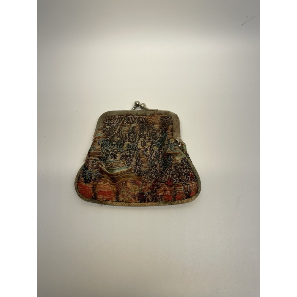 VTG Tapestry Kiss Lock Coin Purse Floral Scenic Change Pouch Worn Retro